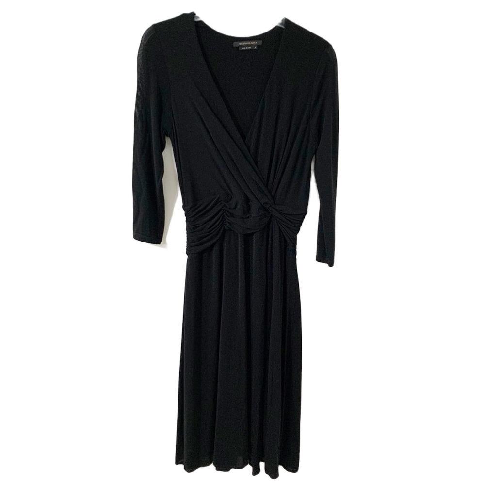 BCBGMaxAzria Midi Dress with Draped Waist Detail in Front and Back Rounded Neck